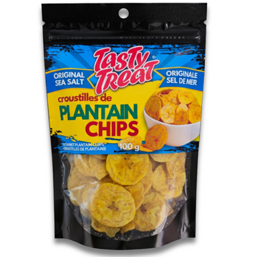 Packaging of Tasty Treat plantain chips with colorful design on a white background